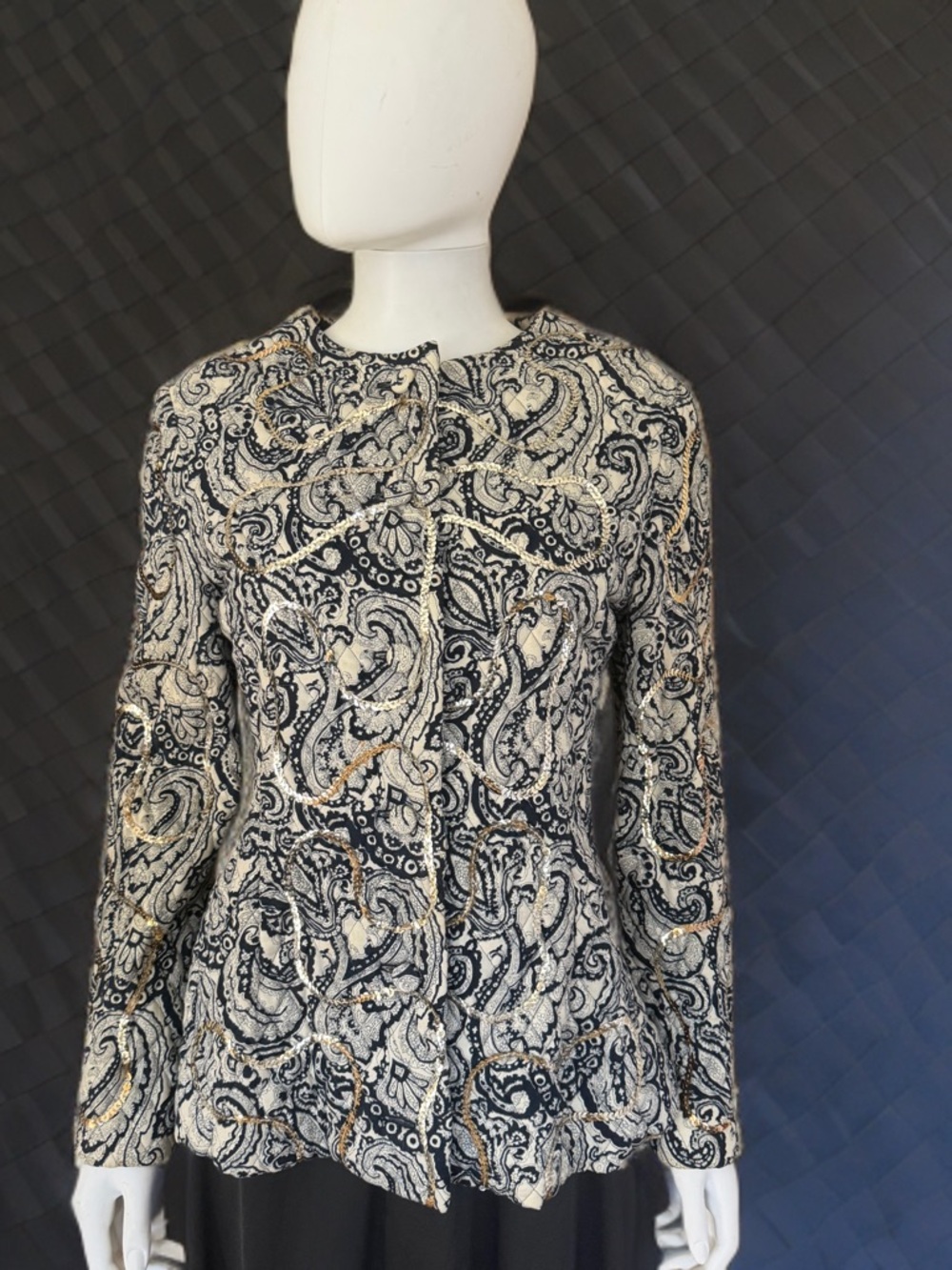 True Vintage Navy & Cream Quilted Silk Paisley Sequined Jacket